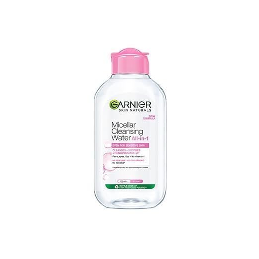 Garnier Micellar Cleansing Water For Sensitive Skin | Make-Up Remover & Cleanser - Removes makeup, dirt & impurities & Hydrates Skin | Just Pour, Press & Swipe | 400ml