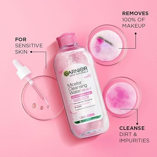 Garnier Micellar Cleansing Water For Sensitive Skin | Make-Up Remover & Cleanser - Removes makeup, dirt & impurities & Hydrates Skin | Just Pour, Press & Swipe | 400ml - Image 2