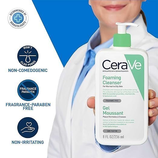 CeraVe Foaming Cleanser For Normal To Oily Skin (236ml) - Dermatologist-Developed Facewash | Non-Comedogenic And Fragrance-Free Cleansers For Acne-Prone Ski - Image 2